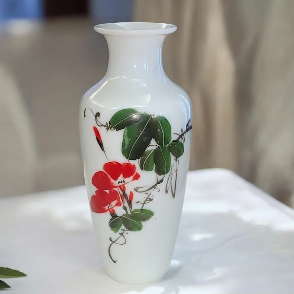 Early 19th Century France,  Opaline Hand Blown,Hand Painted Vases  Green, Red 8”